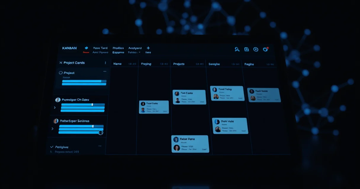A stylized dark mode kanban board interface on a tablet screen, displaying project cards with blue progress bars and integrated CRM data pop-ups, overlaid with a subtle neural network visualization in