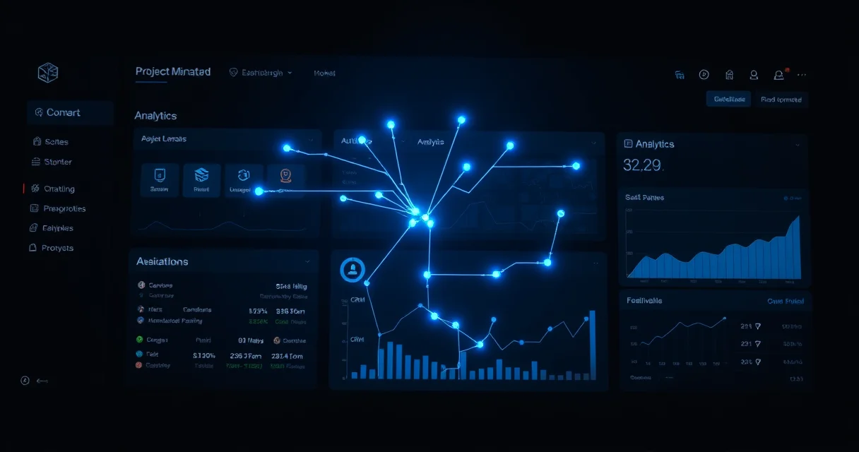 Capa gerada por IA - A stylized dark mode SaaS dashboard displaying interconnected modules for project management, CRM, and analytics, with data flows visualized as glowing blue lines between sections,