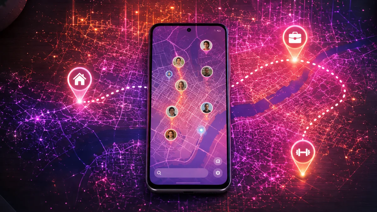 A high-tech digital map interface floating in deep space, glowing geometric nodes connected by vibrant blue data lines, abstract location markers and pulsing circular radar pulses, dark moody background with subtle atmospheric grid patterns
