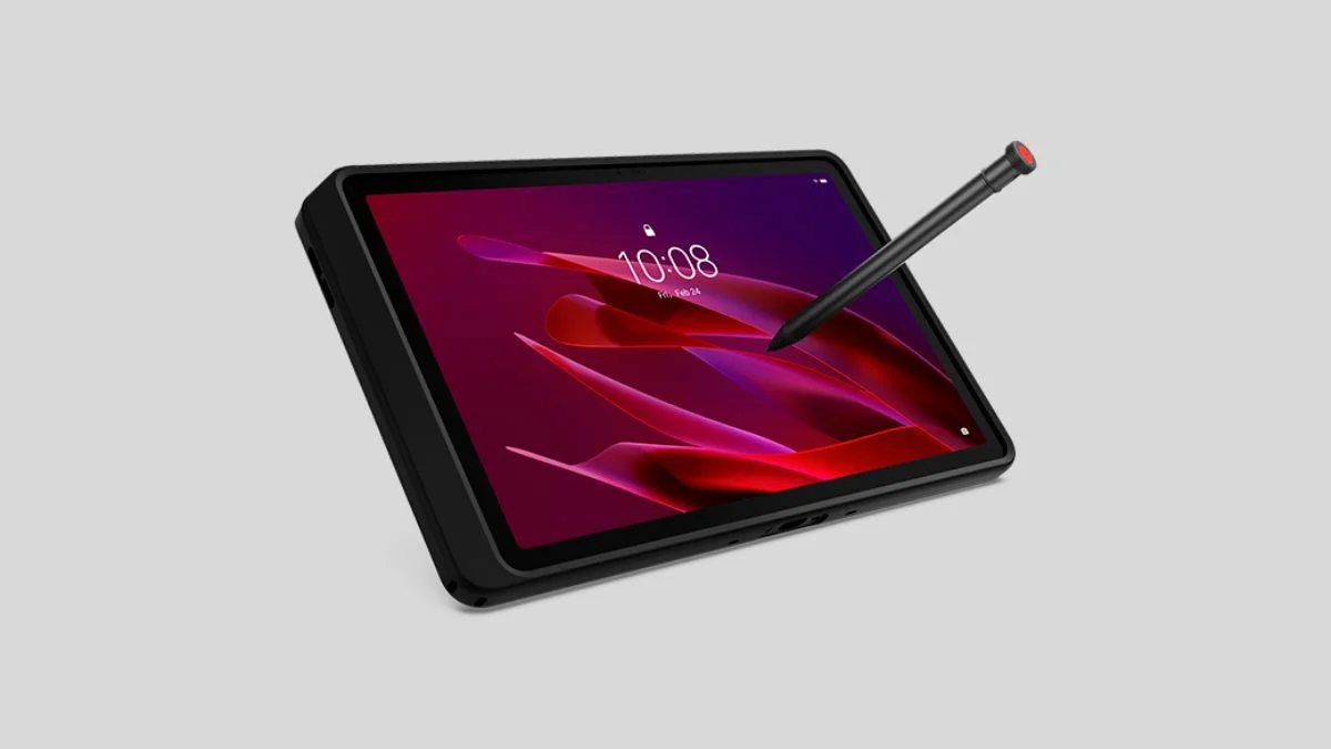 Macro shot of a ruggedized industrial tablet lying on a metallic surface, glowing modular battery pack sliding out of the chassis, cinematic blue accent lighting illuminating internal circuit details, bokeh background of a high-tech field o