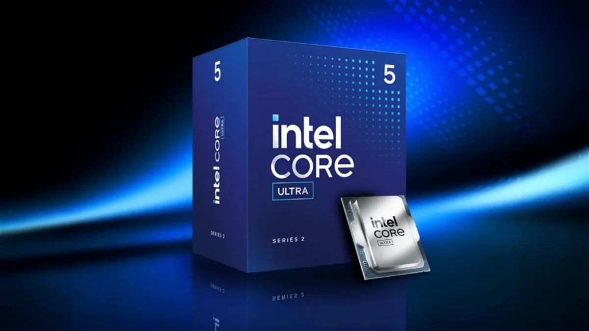 Macro photography of a high-end desktop processor chip resting on a sleek motherboard, intricate circuit pathways glowing with vibrant blue light, abstract data flow lines converging into the CPU, metallic textures, cinematic depth of field
