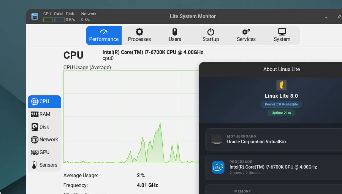A sleek, futuristic Linux desktop environment featuring a dark-themed terminal window with glowing blue data streams, abstract neural network visualizations floating above a minimalist system monitor dashboard displaying colorful performanc