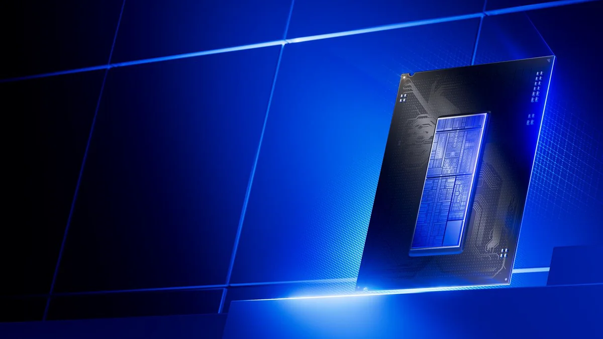 Macro close-up of a futuristic high-performance processor chip resting on a dark metallic circuit board, glowing blue micro-circuitry pathways, abstract geometric data flow patterns radiating from the center, cinematic lighting, professiona