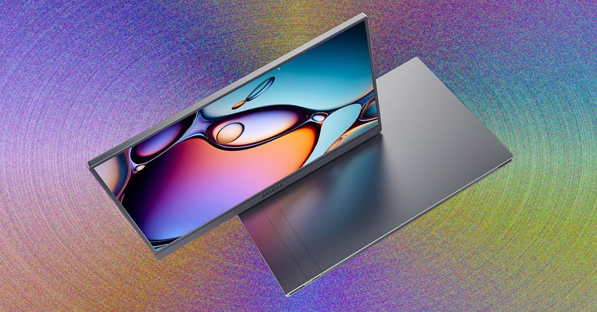 A sleek minimalist desk setup featuring a high-end laptop connected to two ultra-thin portable monitors, displaying abstract glowing blue data visualizations, complex charts, and geometric UI shapes, cinematic lighting, professional photogr