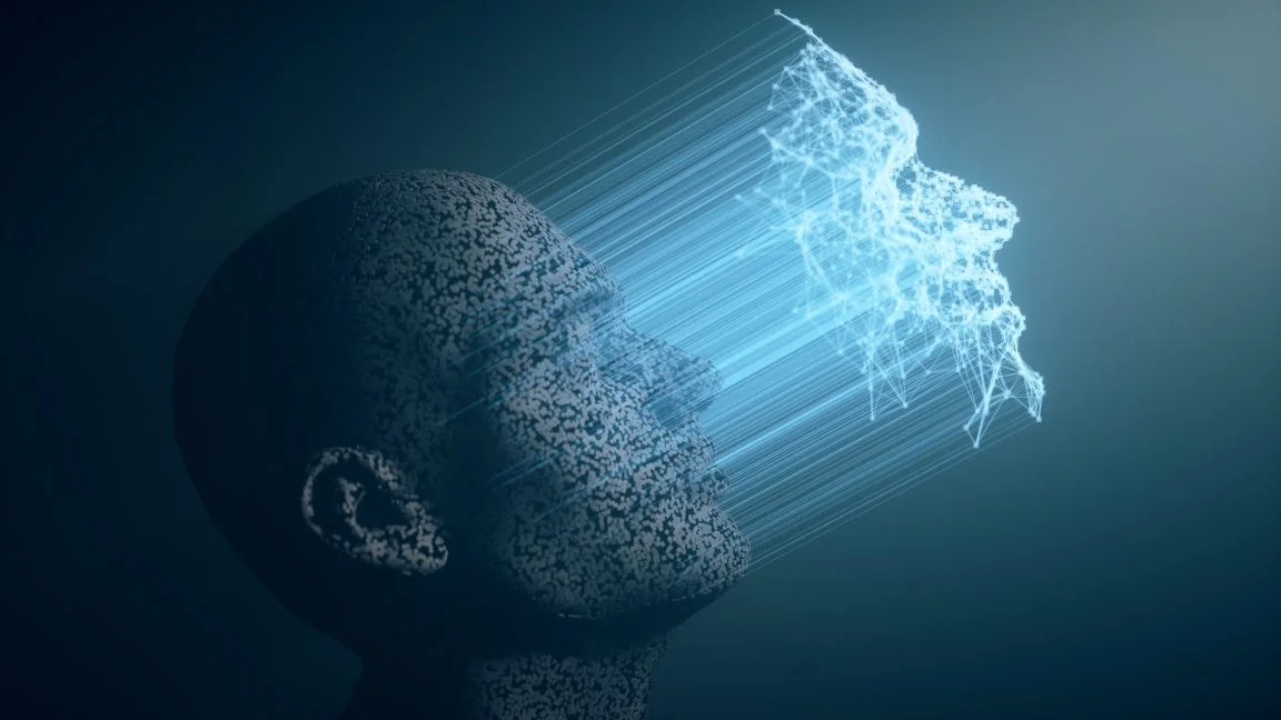 A cinematic digital visualization of a facial recognition interface displaying a distorted, fragmented human silhouette composed of glowing data particles and abstract geometric nodes. The UI features stark blue accent bars and holographic 