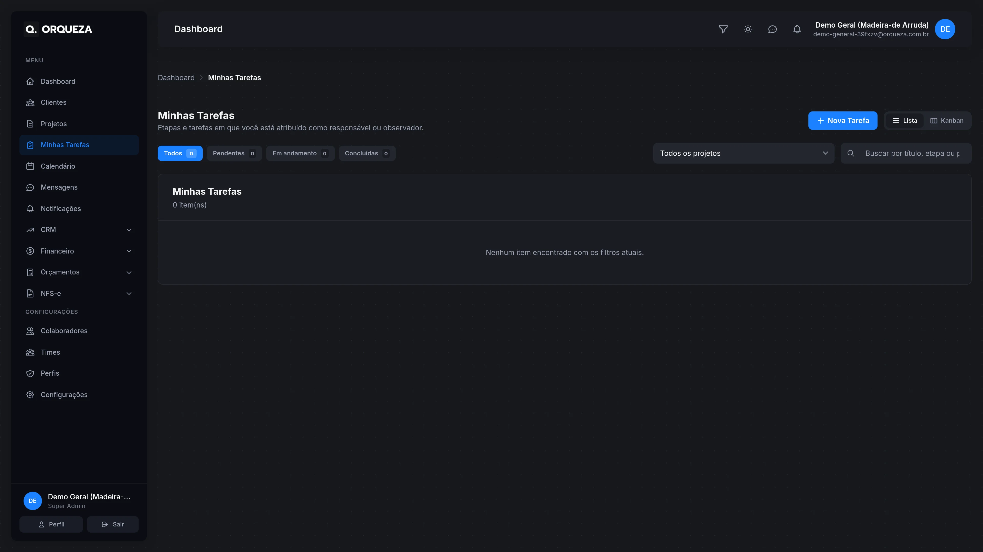 Kanban de tarefas no Orqueza: status, subtarefas e múltiplos assignees